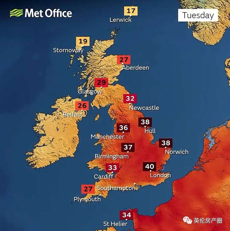 英国气象局发布有史以来第一次极端高温天气红色预警